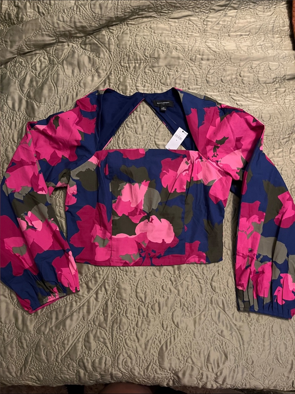 Banana Republic Navy & Hot Pink Floral Square-Neck Crop Top